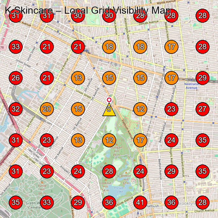 K Skincare GeoGrid visibility map for Facial Spa in Brooklyn